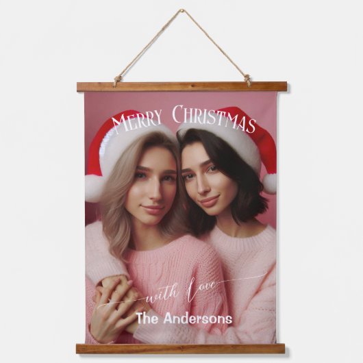Vrolijk Kerst Lesbische Retro Roze | Aangepaste fo Hangend Wandkleed (Voorkant)
