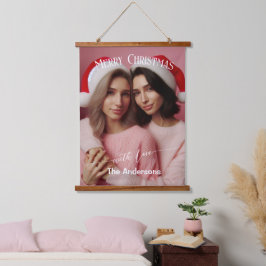 Vrolijk Kerst Lesbische Retro Roze | Aangepaste fo Hangend Wandkleed