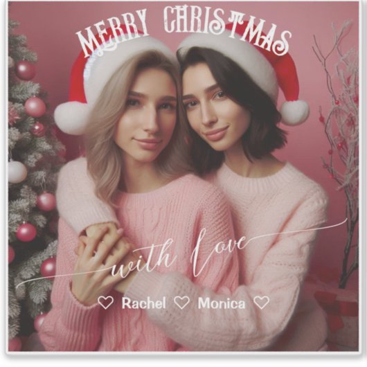 Vrolijk Kerst Lesbische Retro Roze | Aangepaste fo Sticker (Voorkant)