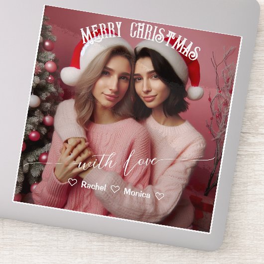 Vrolijk Kerst Lesbische Retro Roze | Aangepaste fo Sticker (Detail)