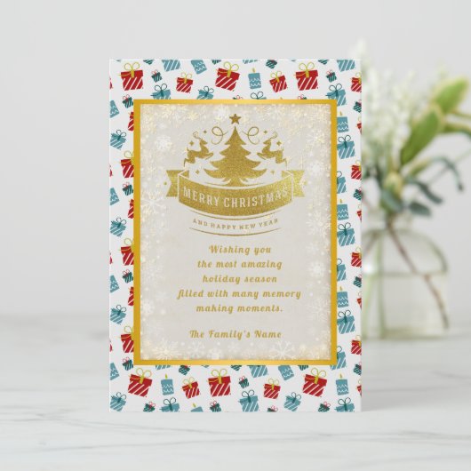 Vrolijk Kerst & Nieuwjaar cadeau achtergrond patro Feestdagenkaart (Staand voorkant)