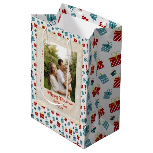 Vrolijk Kerst & Nieuwjaar cadeau achtergrond patro Medium Cadeauzakje (Voorkant Gekanteld)