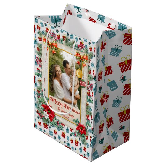 Vrolijk Kerst & Nieuwjaar cadeau achtergrond patro Medium Cadeauzakje (Voorkant Gekanteld)