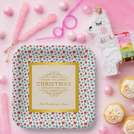 Vrolijk Kerst & Nieuwjaar cadeau achtergrond patro Papieren Bordje (Feest)