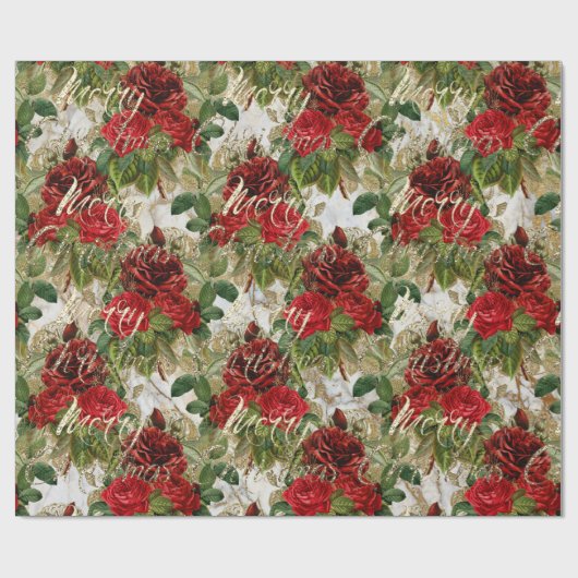 Vrolijk Kerst Oud Script Rozen Rood Goud Marmer Cadeaupapier (Vlak)