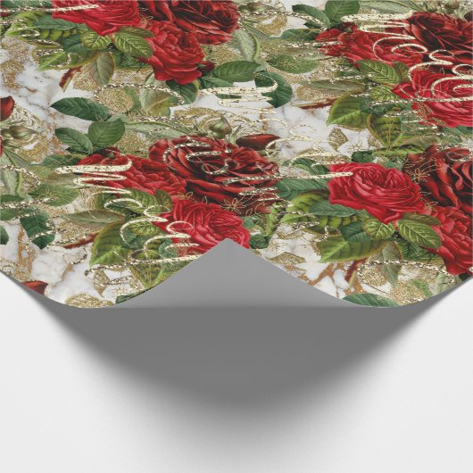 Vrolijk Kerst Oud Script Rozen Rood Goud Marmer Cadeaupapier (Hoek)