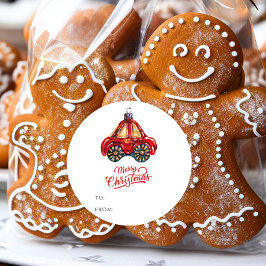 Vrolijk Kerst Retro Auto Ornament Gift Naam Ronde Sticker