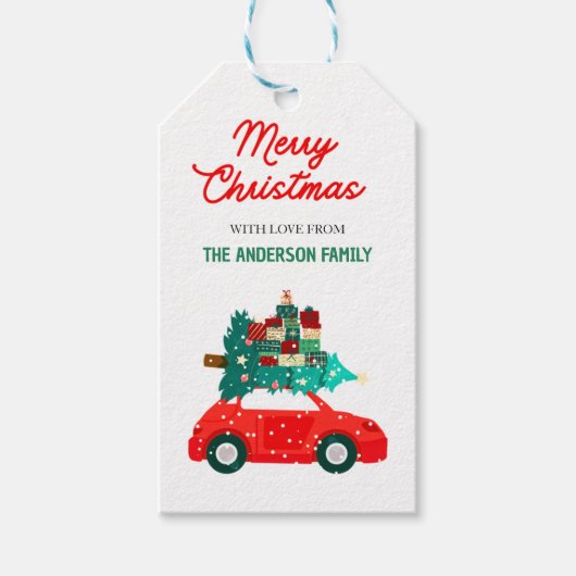 Vrolijk Kerst  rode auto cadeau label Cadeaulabel (Voorkant)