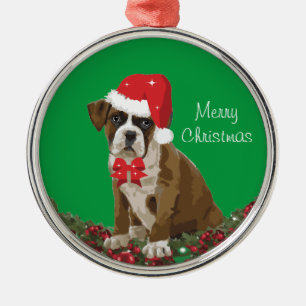 Vrolijk Kerst Schattige Bokser Dog Xmas Santa Hoed Metalen Ornament