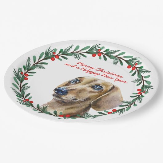 Vrolijk Kerst Schattige Dachshund Hondenfeestkrans Papieren Bordje (Gekanteld)