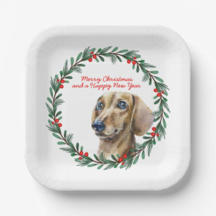 Vrolijk Kerst Schattige Dachshund Hondenfeestkrans Papieren Bordje