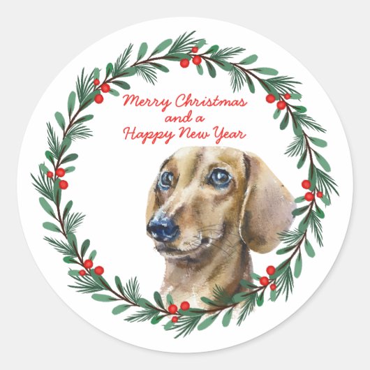Vrolijk Kerst Schattige Dachshund Hondenfeestkrans Ronde Sticker (Voorkant)