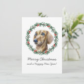 Vrolijk Kerst Schattige Dachshund vakantie krans K Feestdagenkaart (Staand voorkant)