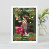 Vrolijk Kerst Schattige Kat Pet Photo Waterverf Feestdagenkaart (Staand voorkant)