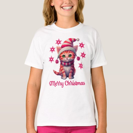 Vrolijk Kerst Schattige Kerstkat T-shirt (Voorkant)