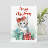 Vrolijk Kerst Schattige Kitten en Kerstcadeaus Feestdagenkaart (Staand voorkant)