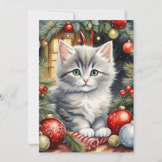 Vrolijk Kerst Schattige Kitten met Ornamenten Feestdagenkaart (Voorkant)