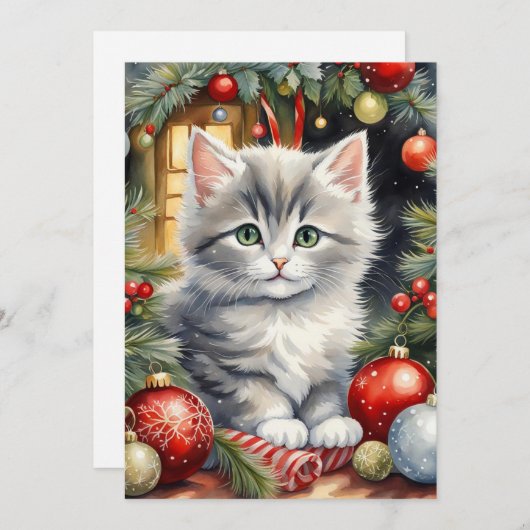 Vrolijk Kerst Schattige Kitten met Ornamenten Feestdagenkaart (Voorkant / Achterkant)