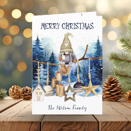 Vrolijk Kerst Schattige Lady Gnome op Blue Forest Feestdagen Kaart