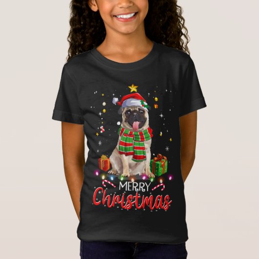 Vrolijk Kerst Schattige Pug Santa Hat Tree Lights  T-shirt (Voorkant)
