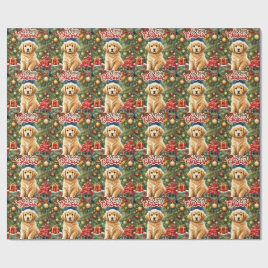 Vrolijk Kerst Schattige Puppy en Kerstboom Cadeaupapier (Vlak)