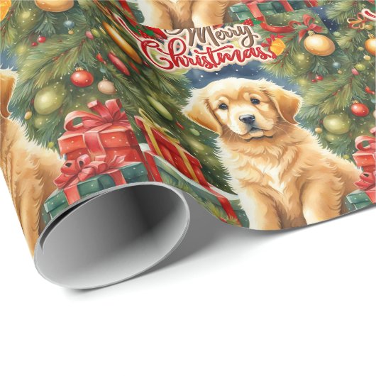 Vrolijk Kerst Schattige Puppy en Kerstboom Cadeaupapier (Rol Hoek)