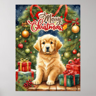 Vrolijk Kerst Schattige Puppy en Kerstboom Poster
