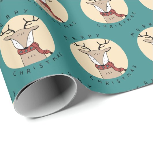 Vrolijk Kerst Schattige Rendier met Sjaal Cadeaupapier (Rol Hoek)