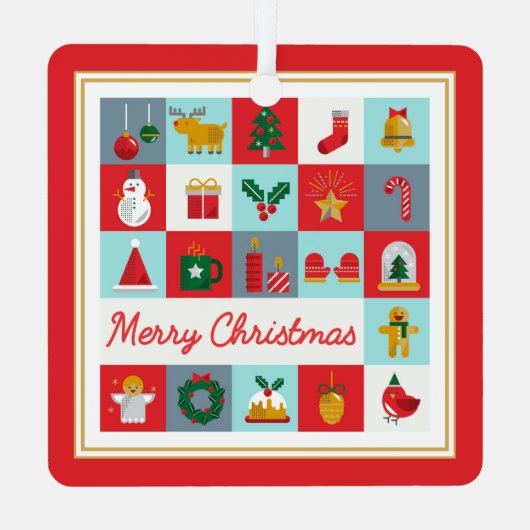 Vrolijk Kerst Schattige Retro Winter Kerst Iconen Metalen Ornament (Achterkant)