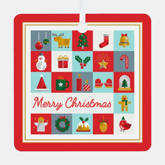 Vrolijk Kerst Schattige Retro Winter Kerst Iconen Metalen Ornament (Voorkant)