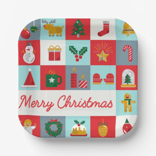 Vrolijk Kerst Schattige Retro Winter Kerst Iconen Papieren Bordje (Voorkant)