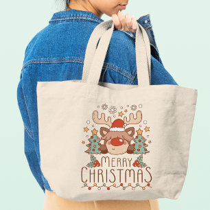 Vrolijk Kerst Schattige Whimsical Feestelijk Rendi Grote Tote Bag
