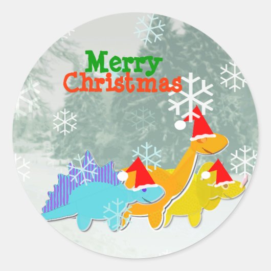 Vrolijk Kerst Schattigee Cartoon Dinosaurussen Sti Ronde Sticker (Voorkant)