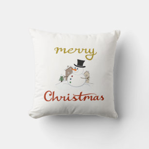 Vrolijk Kerst + Sneeuwman Design Kussen