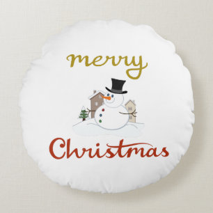 Vrolijk Kerst + Sneeuwman Design Rond Kussen