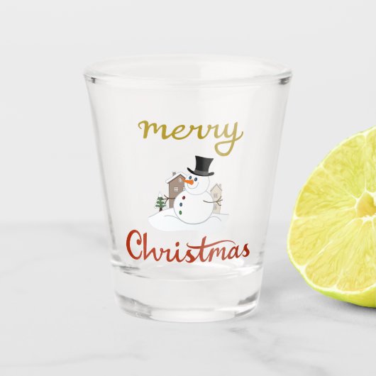 Vrolijk Kerst + Sneeuwman Design Shot Glas (Voorkant)