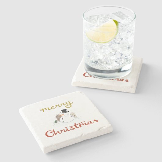Vrolijk Kerst + Sneeuwman Design Stenen Onderzetter (Zijkant)