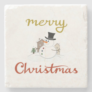 Vrolijk Kerst + Sneeuwman Design Stenen Onderzetter