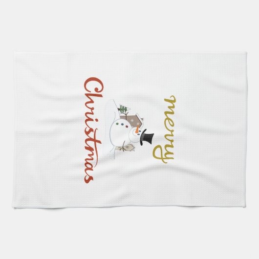 Vrolijk Kerst + Sneeuwman Design Theedoek (Horizontaal)