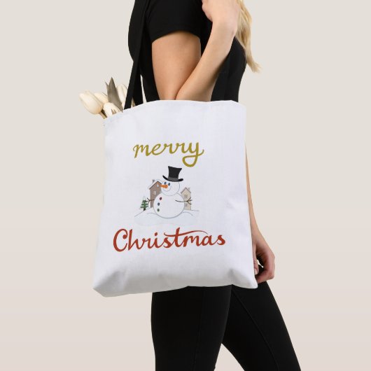 Vrolijk Kerst + Sneeuwman Design Tote Bag (Dichtbij)