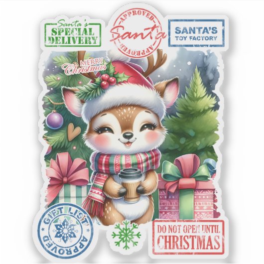 Vrolijk Kerst sticker met een feestelijk hert (Voorkant)