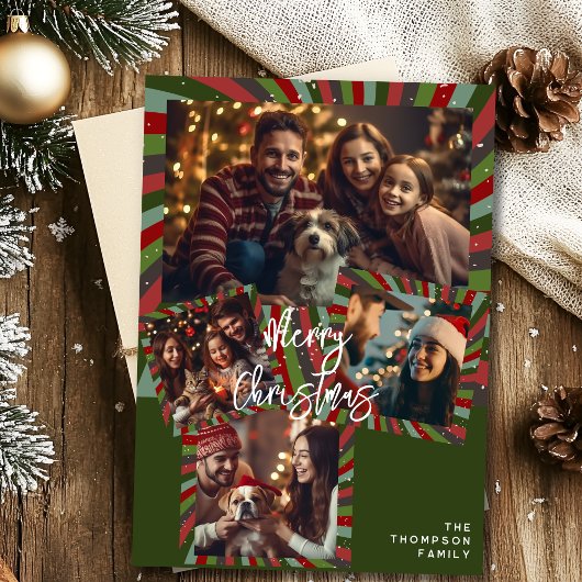 Vrolijk Kerst  strepen aangepaste fotokaart Feestdagenkaart