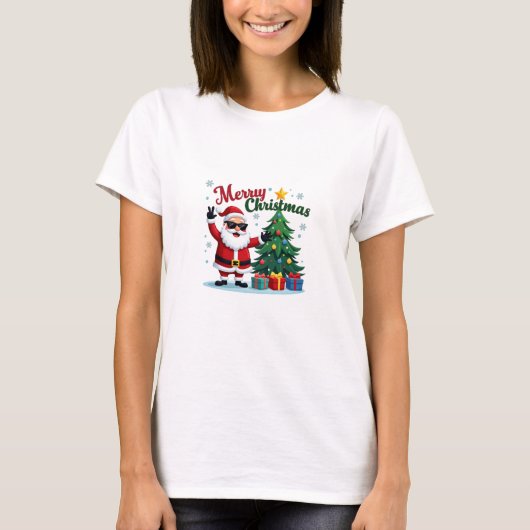 Vrolijk kerst T-shirt | Santa & Tree Design (Voorkant)