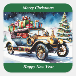 Vrolijk Kerst Vintage Auto Ornament Vierkante Sticker