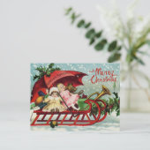 Vrolijk Kerst Vintage Kinderen op Santa's Sleigh Feestdagenkaart (Staand voorkant)
