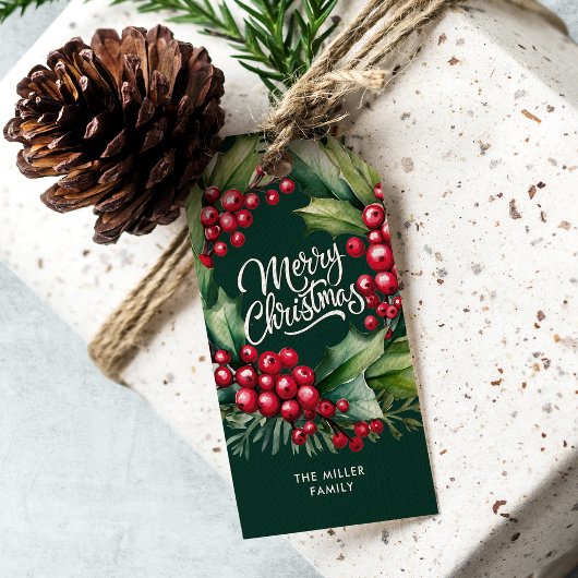 Vrolijk Kerst Waterverf groen Berry krans Cadeaulabel