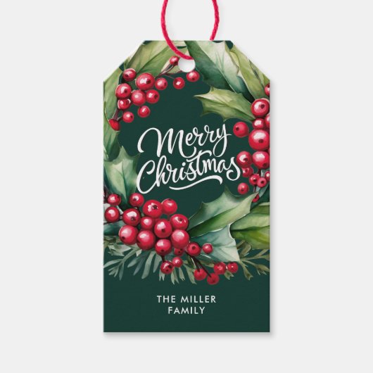 Vrolijk Kerst Waterverf groen Berry krans Cadeaulabel (Voorkant)
