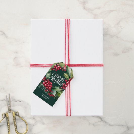 Vrolijk Kerst Waterverf groen Berry krans Cadeaulabel (Met Touw)