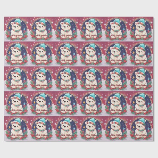 Vrolijk Kerst Wit Polar Beer Cadeaupapier (Vlak)