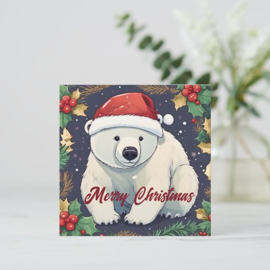 Vrolijk Kerst Wit Polar Beer Feestdagenkaart (Staand voorkant)